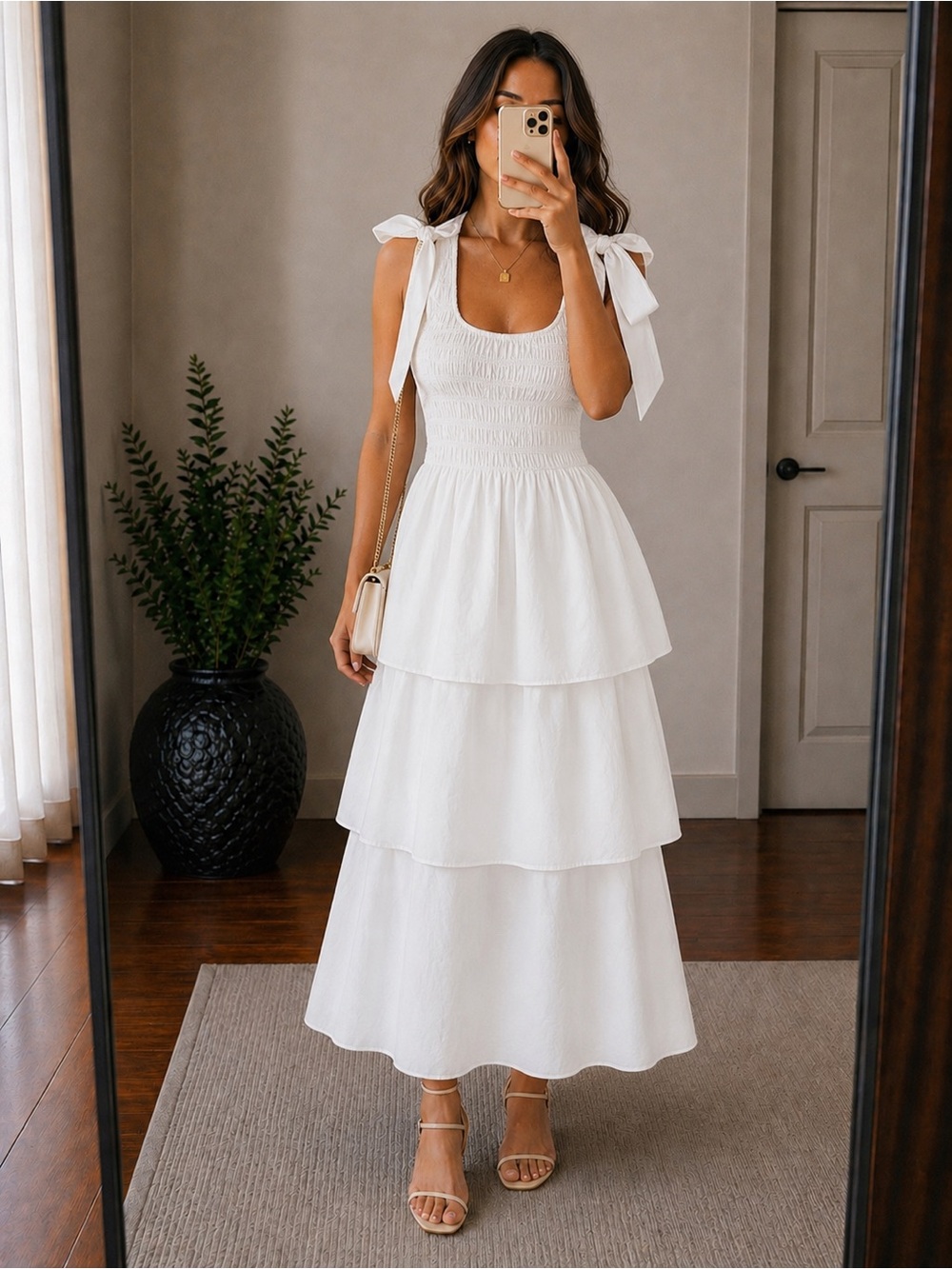 CLEOBELLA Kaiya Ruffle Tea Dress Smocked White Tiered Bow Coquette Cottagecore S - Picture 1 of 14